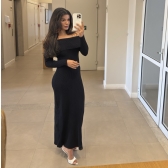 Vestido Modal Canelado Ombro a Ombro Midi com Manga Longa - Preto