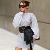 Vestido Curto Tricot Mousse com Trama Trancada e Manga Longa - Cinza