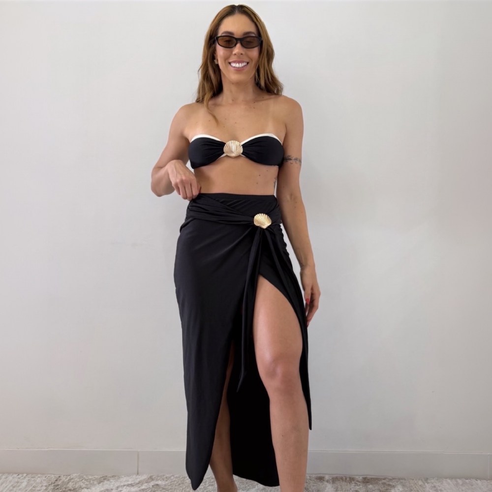 Kit 3 Itens Biquíni Bicolor Com Detalhe Concha Dourada Luxo - Preto e Branco