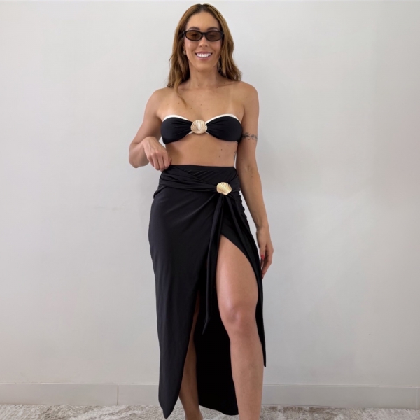 Kit 3 Itens Biquíni Bicolor Com Detalhe Concha Dourada Luxo - Preto e Branco