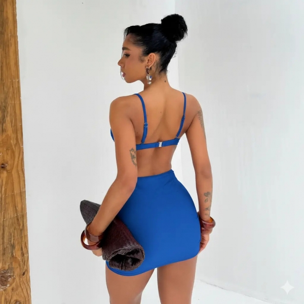 Kit 3 Pçs Biquíni Estrela Dourada E Calcinha Asa Delta e Saia - Azul
