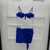 Conj 3pçs Top C/ Alças De Pérola Calcinha Fio Duplo + Pareo - Azul