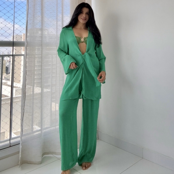 Blusa E Calça Em Tecido Leve  Saída De Praia Lisa - Verde-Bandeira