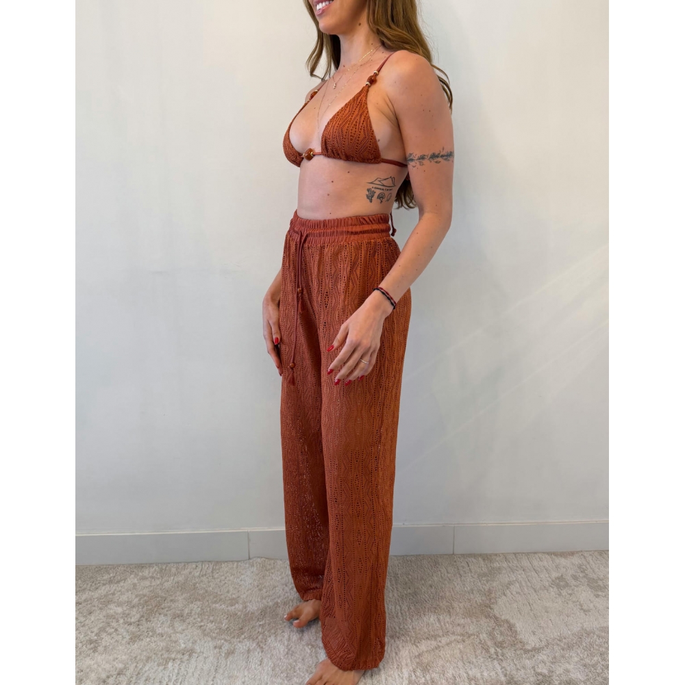 Conjunto Triquíni Cortininha Com Calça Pantalona 3 Peças - Terracota
