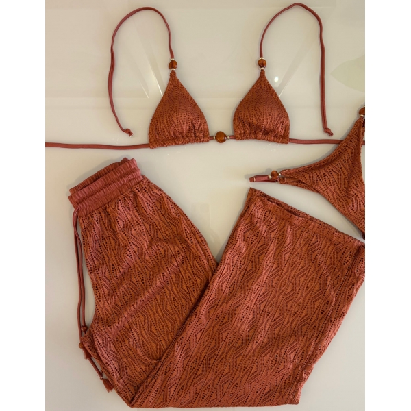 Conjunto Triquíni Cortininha Com Calça Pantalona 3 Peças - Terracota