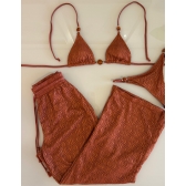 Conjunto Triquíni Cortininha Com Calça Pantalona 3 Peças - Terracota
