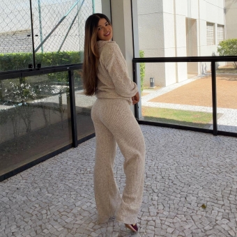 Conjunto Tricot Mousse Blusa Gola Polo Botões e Calça