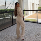 Conjunto Tricot Mousse Blusa Gola Polo Botões e Calça - Areia