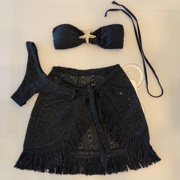 Conjunto De Biquini 3 Peças Em Renda + Saia Com Franja - Preto