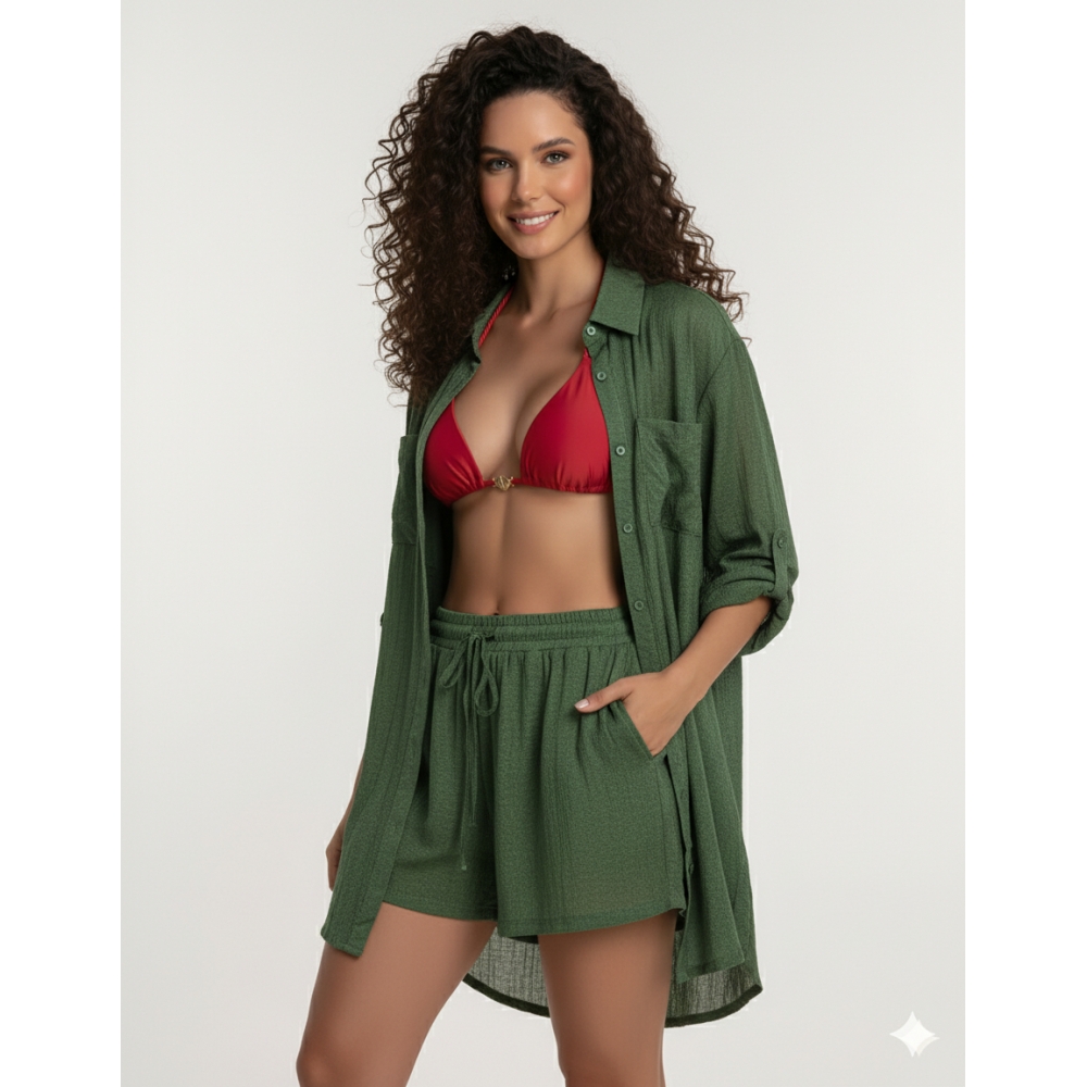 Conjunto Saída De Praia Viscolinho Blusa Manga Longa + Sh - Verde-escuro