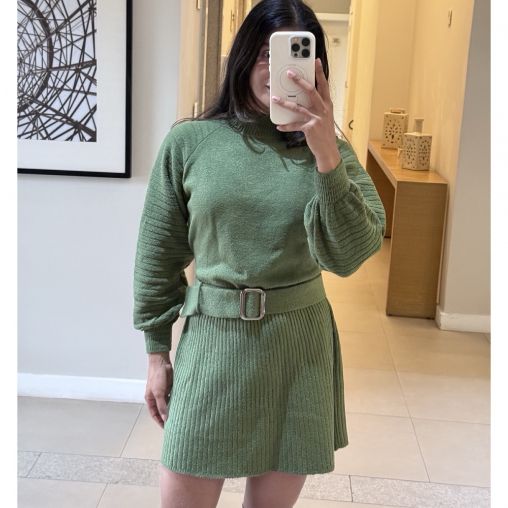 Conjunto Tricot Blusa E Saia Plissada C Cinto Tecido Mousse - Verde