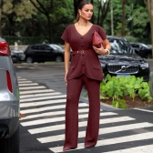 Conjunto Feminino Tricot Mousse Blusa Com Botões + Calça - Vinho