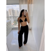 Blusa E Calça Em Tecido Leve  Saída De Praia Lisa - Preto