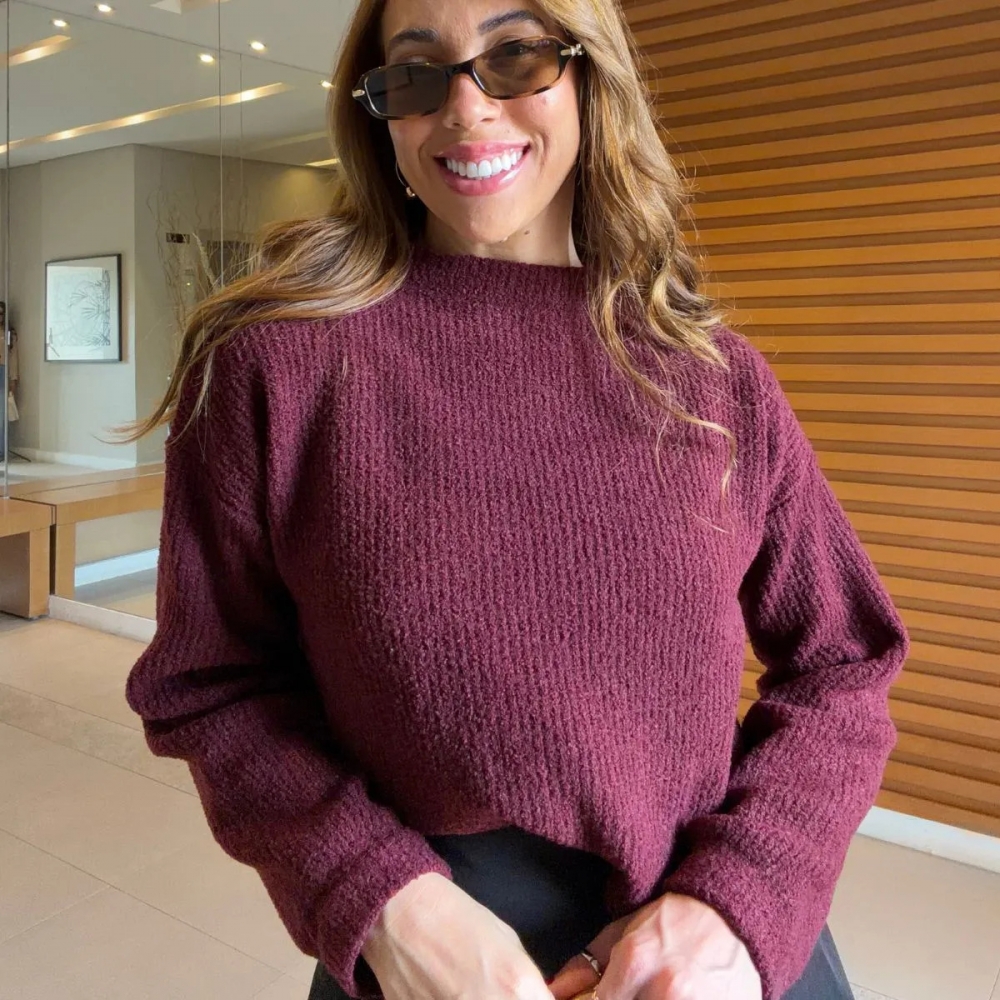 Blusa Cropped Mousse Feminina Elly Modas Manga Longa Inverno - vinho