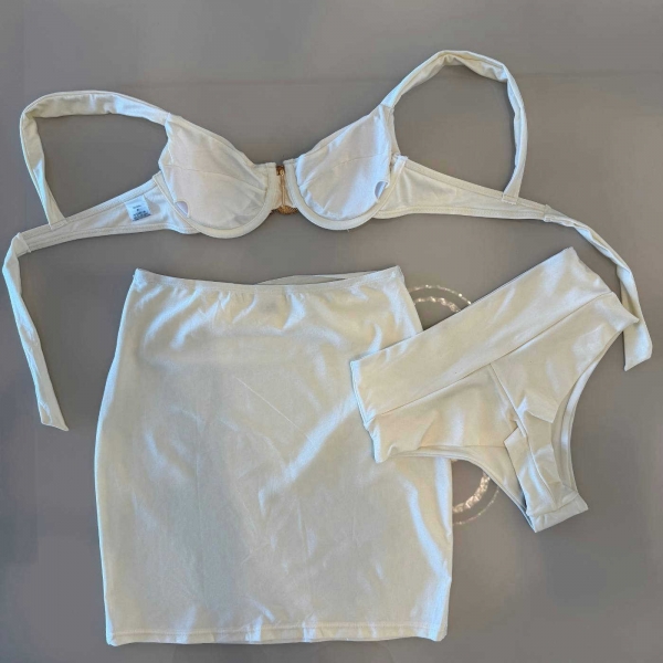 Trio De Biquíni Cintura Alta Saia E Top Com Detalhe Dourado - Off White