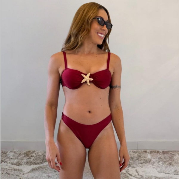 Kit 03 itens Biquíni Com Saída D Praia Longa Estrela Do Mar - Vinho