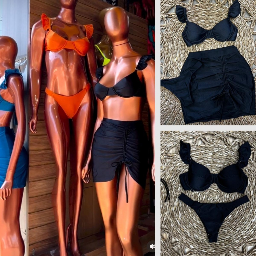 Kit 03 Peças Biquíni De Babado + (Saia Saída de Praia Tam Único) - Preto