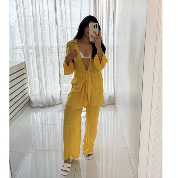 Blusa E Calça Em Tecido Leve  Saída De Praia Lisa - Amarelo