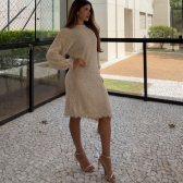 Vestido Tricot Mousse Feminino com Renda – Manga Longa - Bege