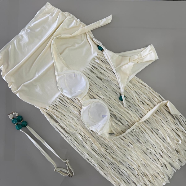 Triquini Saia Franja Longa Top E Calcinha Com Pedraria - Off White