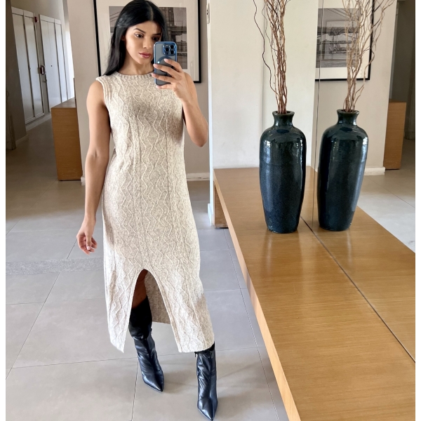 Vestido De Tricot Regata Midi - Areia