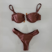 Kit Biquini Aplique Em Pedraria + Saia Com Amarração Frontal - Marrom