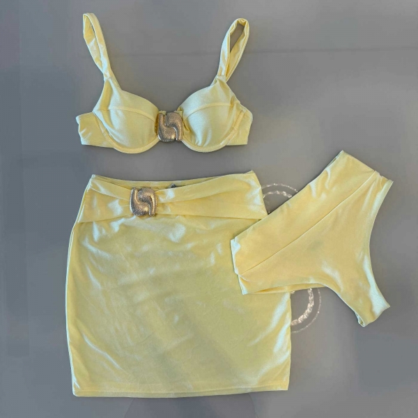 Trio De Biquíni Cintura Alta Saia E Top Com Detalhe Dourado - Amarelo Manteiga