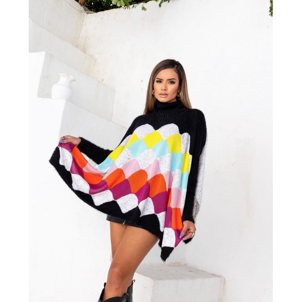 Poncho Feminino Tricot Colorido Estilo Oversized Gola Alta - Multicolorido