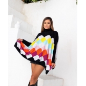 Poncho Feminino Tricot Colorido Estilo Oversized Gola Alta - Multicolorido