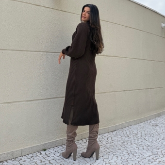 Vestido De Tricot Graça Canelado Midi Com Fendas