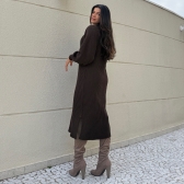 Vestido De Tricot Graça Canelado Midi Com Fendas - Marrom Café