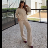 Conjunto Tricot Mousse Blusa Gola Polo Botões e Calça - Areia
