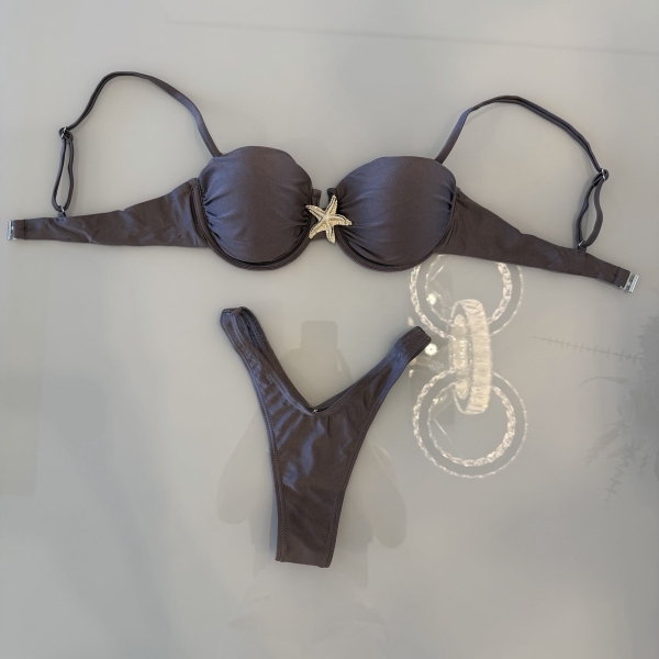 Kit 3 Pçs Biquíni Estrela Dourada E Calcinha Asa Delta+saia - Café