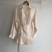 Conj Saída De Praia Chemise Manga Longa E Saia Franja Resort - Bege