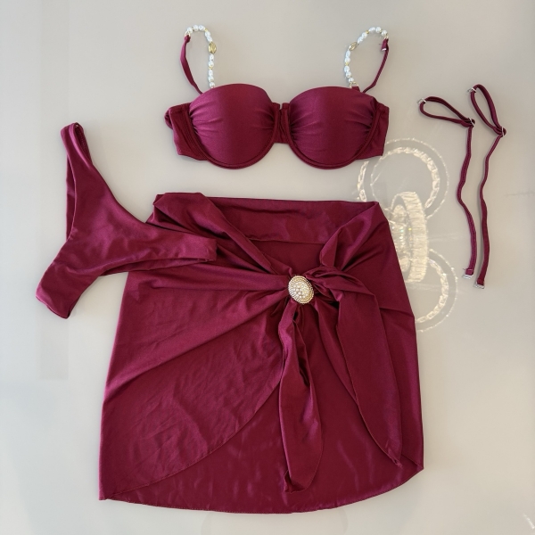 Kit 3 Pçs Biquíni Feminino + Pareô Alças Removíveis Pérolas - Fuscia