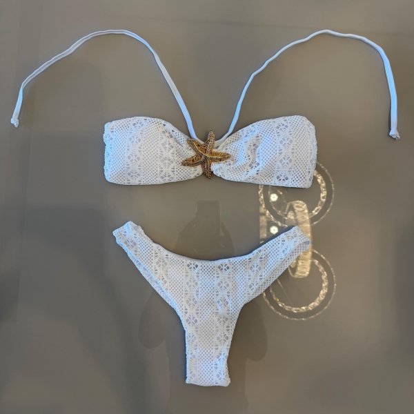 Conjunto De Biquini 3 Peças Em Renda + Saia Com Franja - Branco