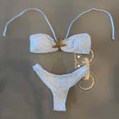 Conjunto De Biquini 3 Peças Em Renda + Saia Com Franja - Branco