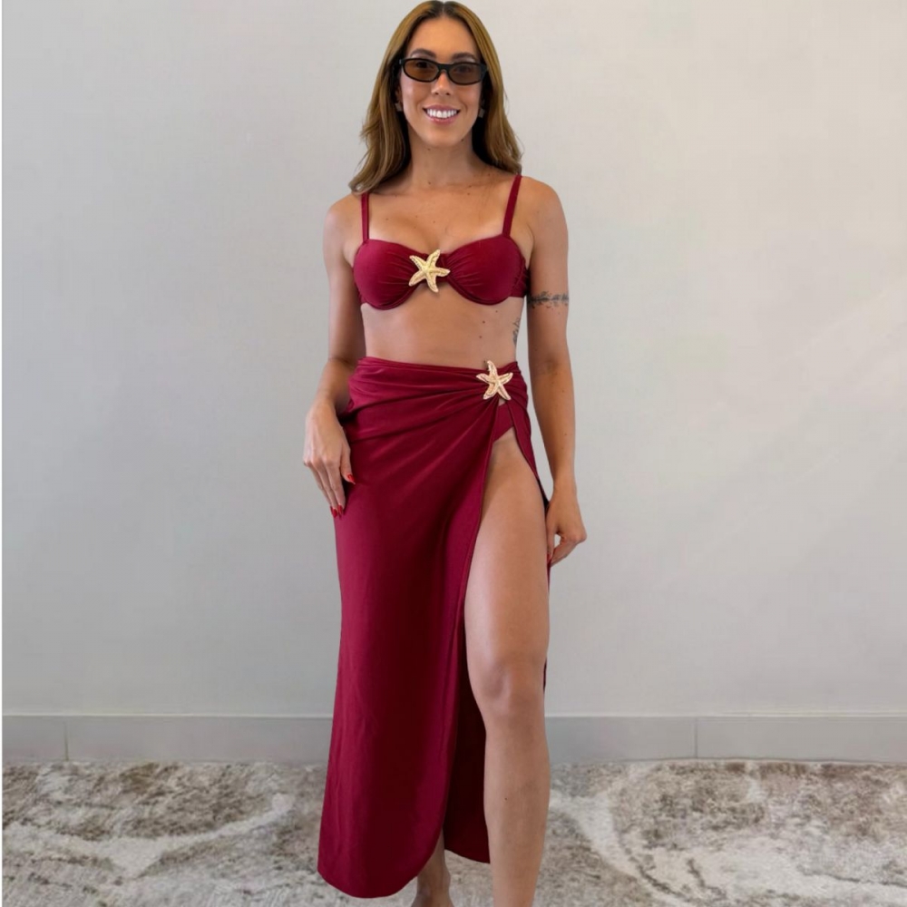 Kit 03 itens Biquíni Com Saída D Praia Longa Estrela Do Mar - Vinho