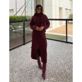 Conjunto Tricot Blusa com Cachecol Fixo Saia Midi com Fenda - vinho