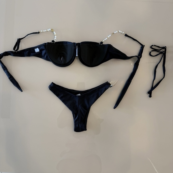 Kit 3 Pçs Biquíni Feminino + Pareô Alças Removíveis Pérolas - Preto