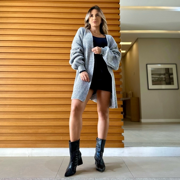 Novo Cardigan Tricot Mousse Liso Básico - Cinza