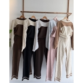 Conjunto Bicolor Tricot Inverno Blusa E Calça Pantalona - Bege/Caramelo