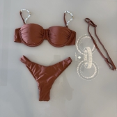 Kit 3 Pçs Biquíni Feminino + Pareô Alças Removíveis Pérolas - Marrom Café