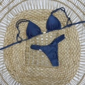 Biquíni Cortininha Com Tranças Nas Alças E Calcinha Semi Fio - Azul