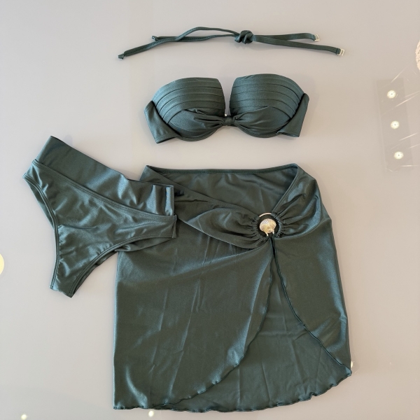 Kit 3 Itens Biquini Cintura Alta Top 2 Em 1 Bojo Estruturado - Verde Militar