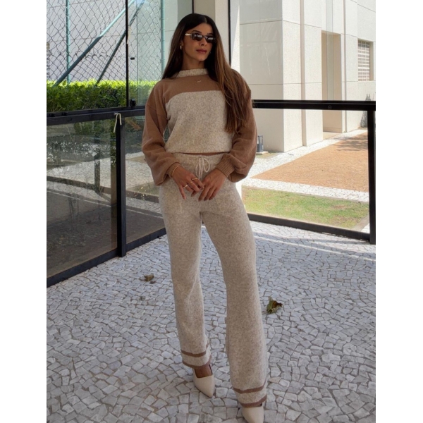 Conjunto Bicolor Tricot Inverno Blusa E Calça Pantalona - Bege/Caramelo