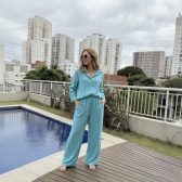 Saída de Praia Feminina Conjunto Camisa e Calça - Verde Agua
