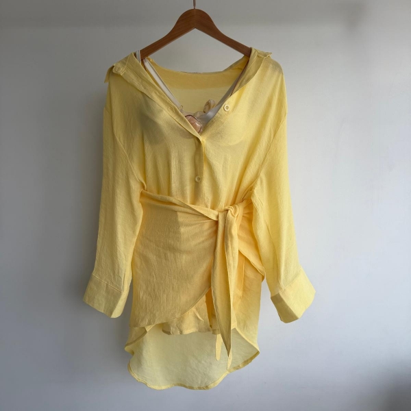 Saída De Praia Feminina Camisa E Saia Envelope - Amarelo