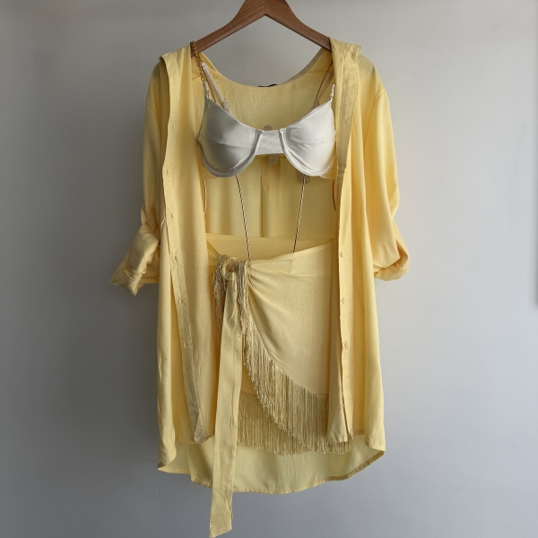 Conj Saída De Praia Chemise Manga Longa E Saia Franja Resort - Amarelo
