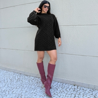 Vestido Curto Tricot Mousse com Trama Trancada e Manga Longa